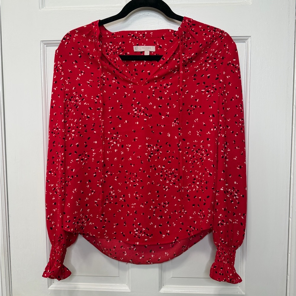 Hobbs London Red Printed Blouse Long Sleeve‎ Smocked Cuffs Size 4
